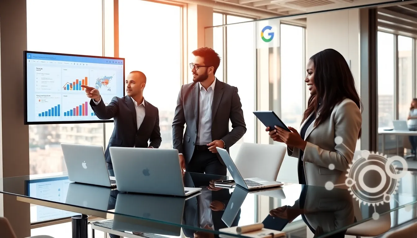 diverse team collaborating on a Smart Shopping Campaign in a modern office.